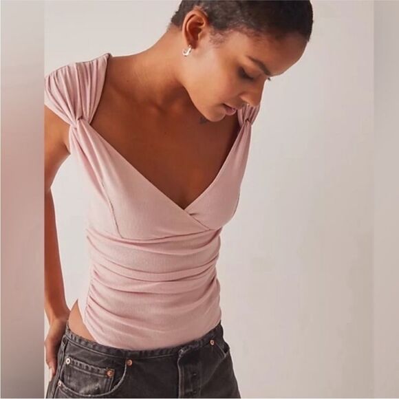 NWT Free People Another Love Stretchy Ribbed Thong Vneck Bodysuit Silver Pink XS - Picture 11 of 15